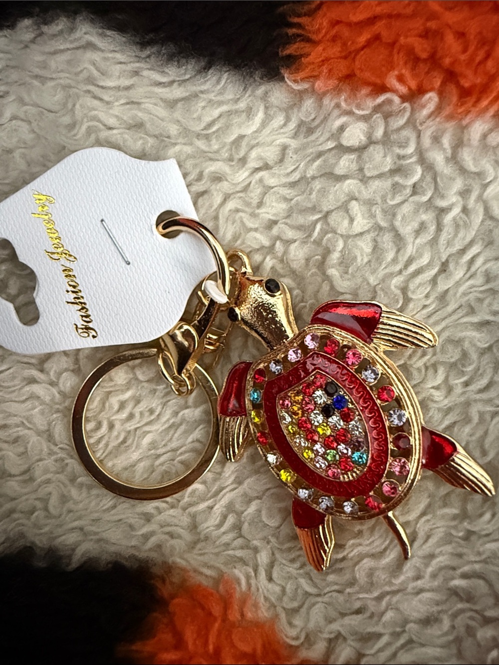 Gold-tone Turtle Bag Charm with Multicolor Crystals
